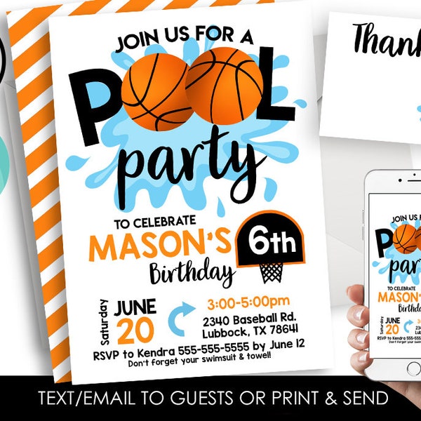 Editable Basketball Pool Party Invite Invitation Birthday Kids Digital 5x7 Splash Sports Basket Ball Instant Download Template