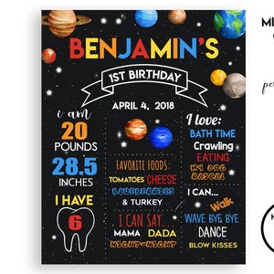 宇宙惑星マイルストーンチャート 1歳の誕生日 あらゆる年齢向け デジタル楽しい事実ポスター パーティー装飾ディスプレイ