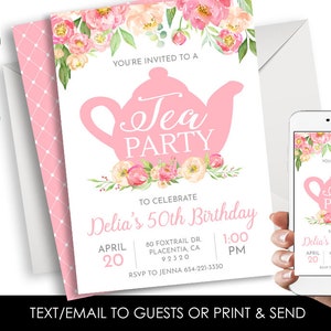 Editable Tea Party Invitation Invite Digital Birthday Adult ANY AGE Watercolor Floral Flowers 5x7 High Tea Party Corjl