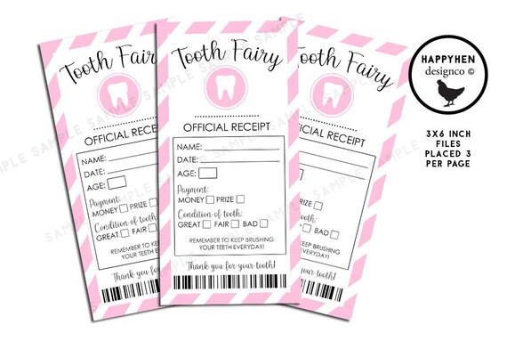 Tooth Fairy Receipt Digital Certificate Instant Download Pink Girl Kids Teeth 3x6