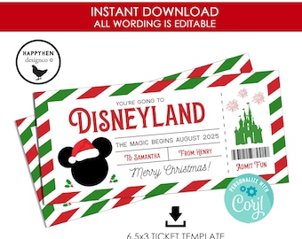 Christmas Disneyland Trip Ticket Gift Reveal Surprise Printable Going to EDITABLE Digital Idea Family Kids 6.5x3 INSTANT DOWNLOAD Green Red