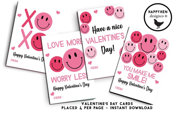 Smile Face Valentine's Day Card Cards Printable Digital INSTANT DOWNLOAD  Valentine Classroom Kids Party