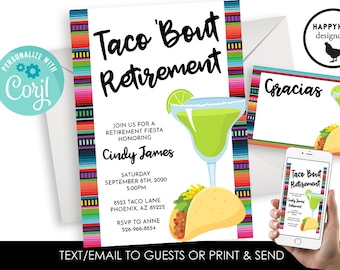 Editable Taco Bout Retirement Invitation Invite Margarita Digital 5x7 Serape Fiesta 5x7 Retired Party Women Men Neutral