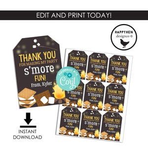 EDITABLE S&#39;mores Birthday Favor Tags Thank You Digital Smores Party Instant Download Printable