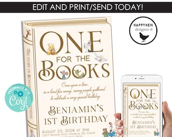 ONE for the BOOKS Birthday Invitation Invite Storybooks Kids 1st EDITABLE Template 5x7 Digital Instant Download