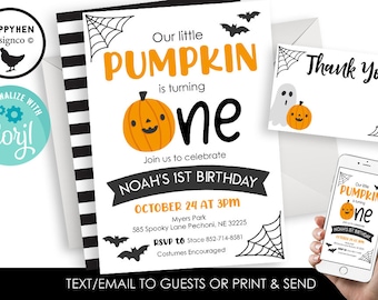 May include: A Halloween-themed birthday invitation set featuring a pumpkin graphic, black and white striped border, spider webs, and bats. The text reads Our little PUMPKIN is turning one, Noah's 1st Birthday, October 24 at 3pm, and Thank You.