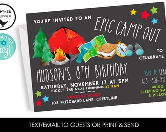 Editable Camping Invitation Sleepover Boys Birthday Camp Campout Invite 5x7 Digital Personalized Slumber Watercolor Corjl