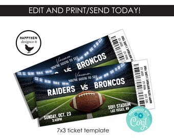 Football Game Ticket EDITABLE Template Digital 7x3 Surprise Gift Reveal