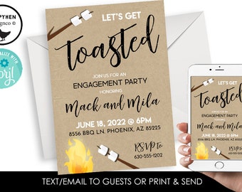Editable Let's Get Toasted Invite Invitation Digital 5x7 Bonfire Couples Engagement Party BBQ Shower