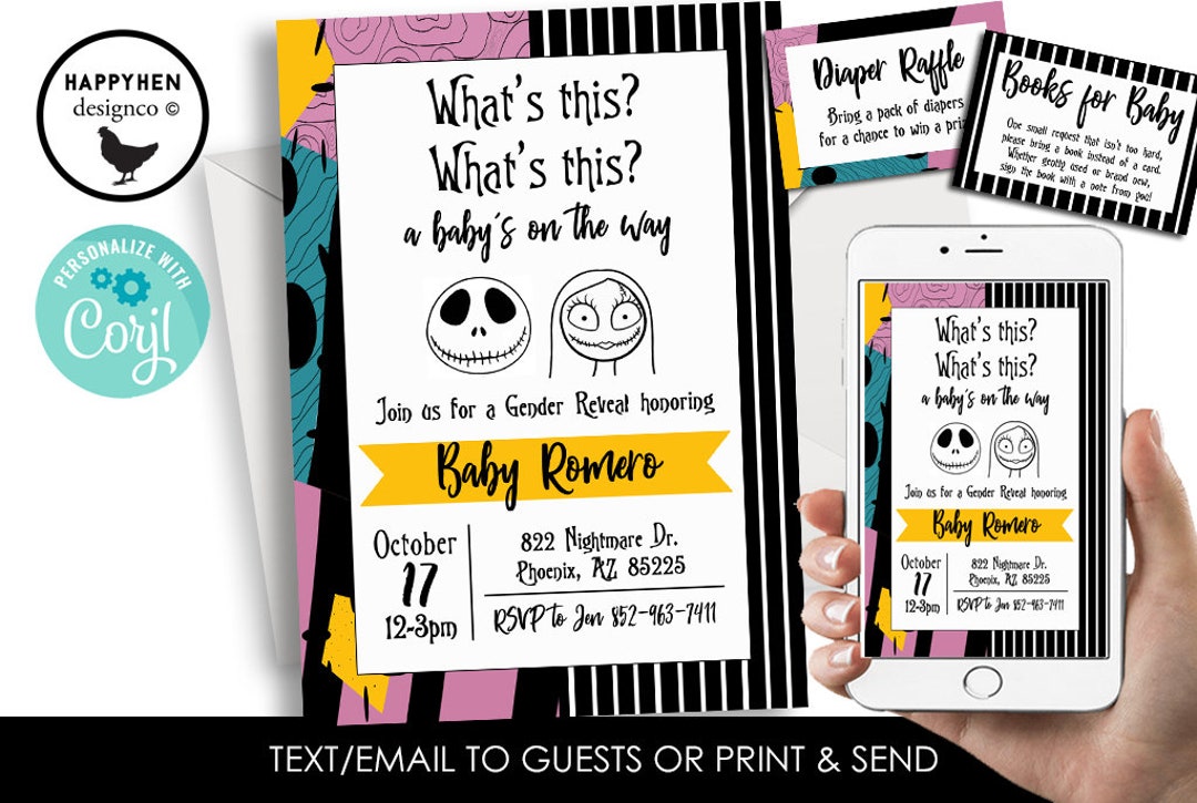 Editable Nightmare Halloween Gender Reveal Invitation Invite Jack Sally ...