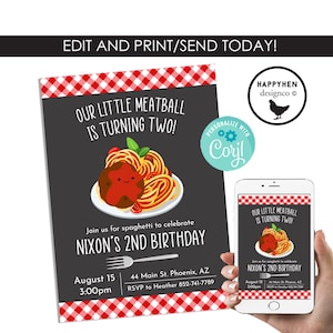 Editable Meatball Invitation Invite Spaghetti Birthday Kids ANY AGE Digital 5x7 Chalkboard Pasta Party