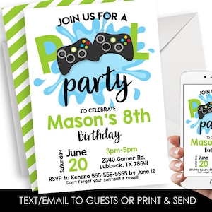 Editable Pool Party Gamer Invitation Birthday Invite Digital 5x7 Instant Download Template Gaming Game