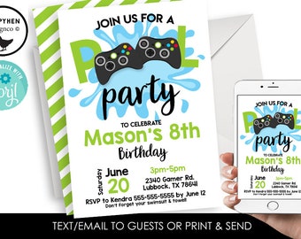 Editable Pool Party Gamer Invitation Birthday Invite Digital 5x7 Instant Download Template Gaming Game