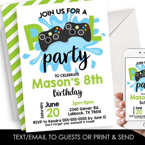 Editable Pool Party Gamer Invitation Birthday Invite Digital 5x7 Instant Download Template Gaming Game