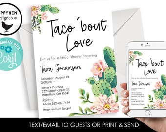 Editable Taco Bout Love Bridal Shower Invitation Invite Digital Cactus Succulent Watercolor 5x7 Party