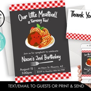 Editable Meatball Invitation Invite Spaghetti Birthday Kids ANY AGE Digital 5x7 Chalkboard Pasta Party