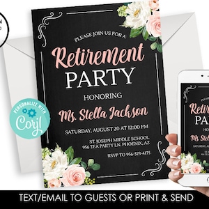 Editable Retirement Party Invitation Invite Digital 5x7 Watercolor Floral Chalkboard Elegant Womens Luncheon Party Retired Instant Download