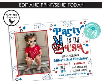 Party in the USA Photo Birthday Invitation Invite Digital 7x5 EDITABLE Template