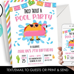 Editable Taco Pool Party Invitation Invite Birthday Kids Fiesta Splash Girls 5x7 Digital Tacos Swim Swimming