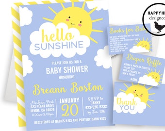 Hello Sunshine Baby Shower Invitation Invite Sprinkle Digital 5x7 Yellow Blue Digital 5X7 Bundle Set