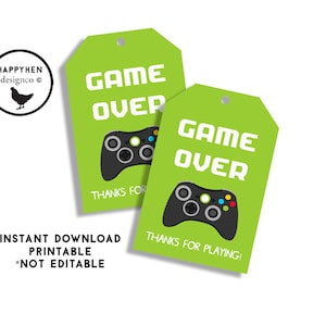Game Over Favor Tags Digital 2x3 Printable Party Danke Gamer Gaming Geburtstag Grün Schwarz Sofort Download