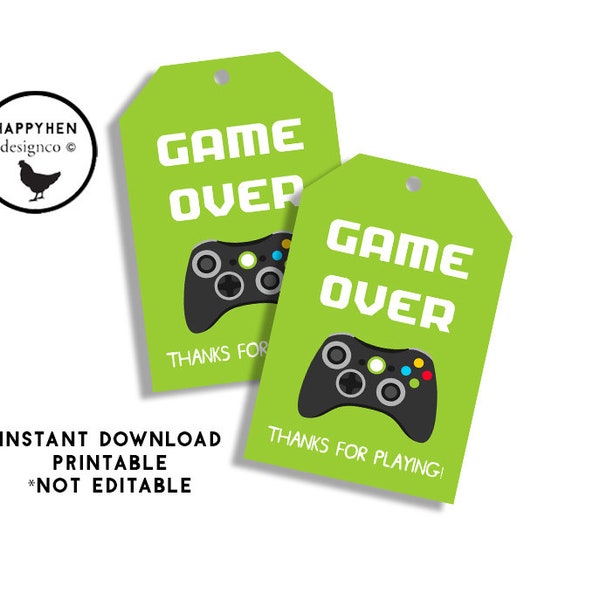 Game Over Favor Tags Digital 2x3 Printable Party Thank You Gamer Gaming Birthday Green Black Instant Download