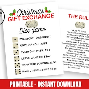 Printable Christmas Dice Game Gift Exchange Digital INSTANT DOWNLOAD Holiday 8.5x11 Games