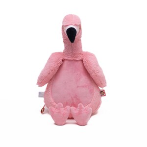Könnte beinhalten: Ein rosa Plüschflamingo mit schwarzem Schnabel und rosa Füßen. Das Stofftier hat einen weichen, strukturierten Körper und ist zum Sitzen konzipiert. Der Flamingo hat einen freundlichen Ausdruck und ist für Kinder geeignet.