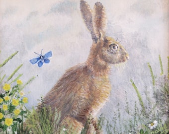 A Small Canvas print of  'Hare with Common Blue' from a painting by David Marsh.