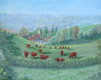 A Canvas print of "Sussex Herd" a painting by David Marsh.