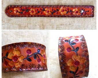 60's Flowers Tooled Leather Cuff
