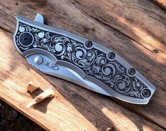 Zero Tolerance Hinderer 0562Ti - Hand Drawn, Laser Engraved Scrollwork