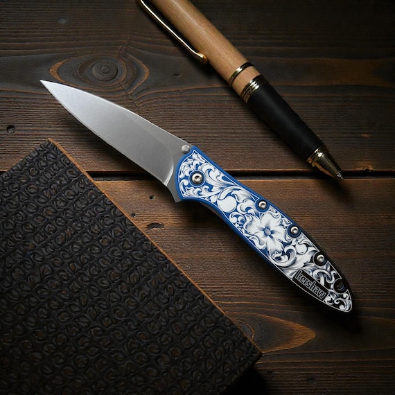 Kershaw Leek - Anodized Blue Gradient With Floral Scrollwork