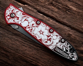 Kershaw Leek - Anodized Red Gradient with Floral Scrollwork - MagnaCut Blade