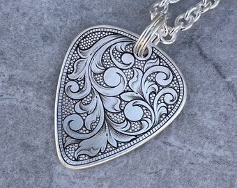 Guitar Pick Pendant - Hand Engraved Sterling Silver