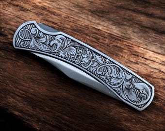 Engraved Scrollwork - Hard Hat Stainless Lockback Pocket Knife