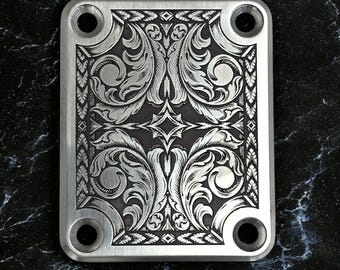 Decorative 4 Bolt Neck Plate for Fender Guitars - Deep Engraved Scrollwork