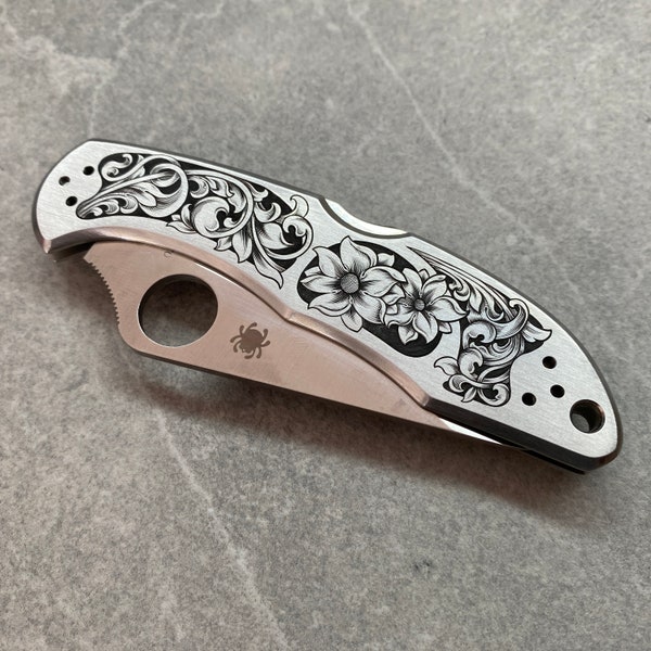 Hand Engraved Spyderco Delica - Framed Floral and Scrolls