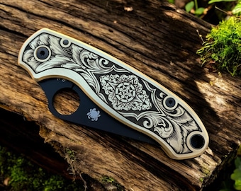 Spyderco Para 3 Knife with Black Blade and Hardware with Engraved Brass Scales