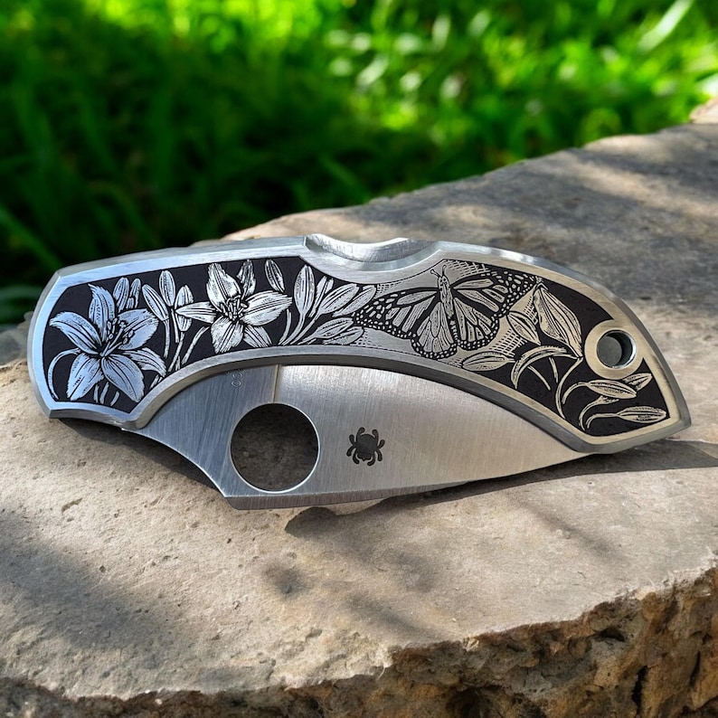 Spyderco Dragonfly - Stainless Steel with Intricately Engraved Lillies and Monarch Butterfly
