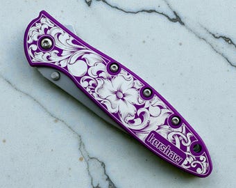 Kershaw Leek - Anodized Purple Scales with Engraved Floral Scrollwork
