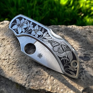 Spyderco Dragonfly - Stainless Steel with Intricately Engraved Lillies and Monarch Butterfly - Position Left Angle
