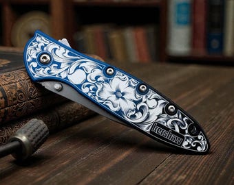 Kershaw Leek - Anodized Blue Gradient with Floral Scrollwork - MagnaCut Blade