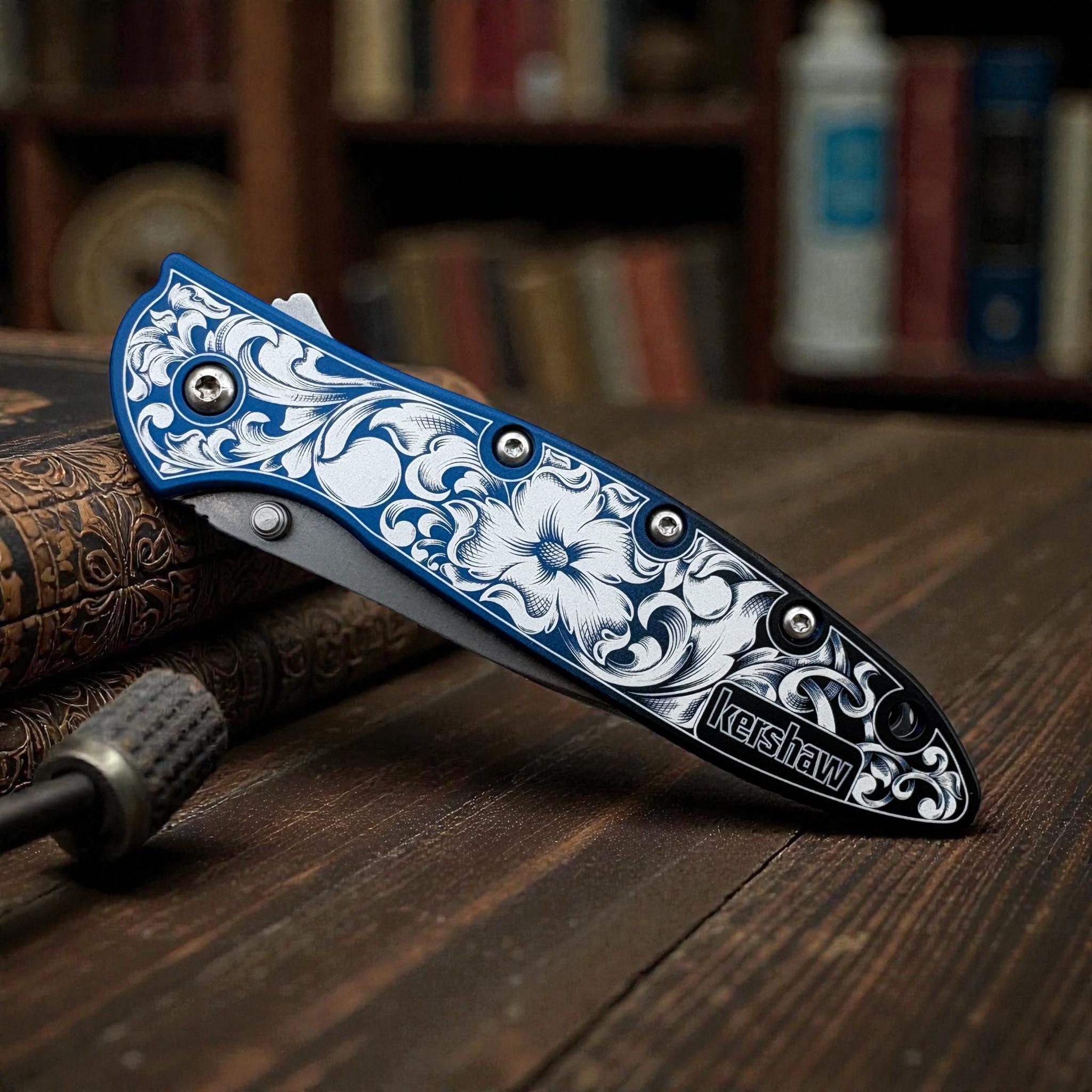 Kershaw Leek - Anodized Blue Gradient With Floral Scrollwork