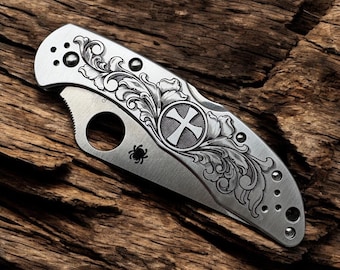 Spyderco Delica Stainless - Engraved Scrollwork and Cross