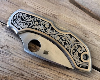 Hand Engraved Scrollwork - Spyderco Dragonfly - Stainless