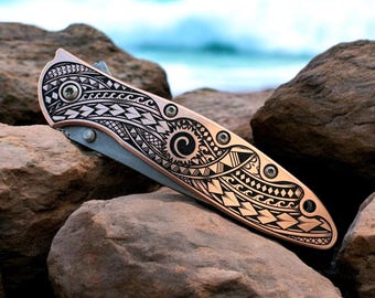 Kershaw Leek - Copper - Intricately Engraved Samoan Tribal