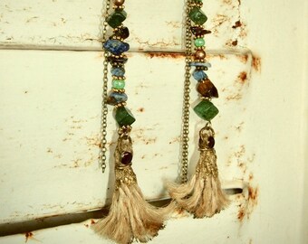 Ethnic earrings copper Crystal gemstones jute tassel