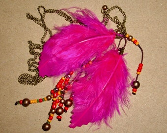 Pink boho feathers Indian pendant