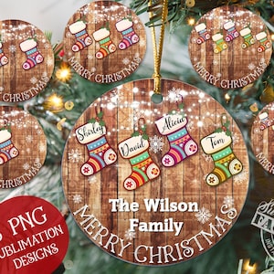 Personalized Family Christmas Socks Round Ornament Bundle PNG Sublimation Designs, Family Members Name Ornament Png Files Digital Download